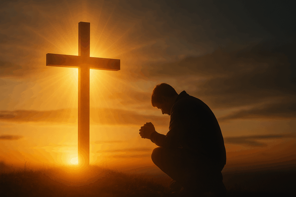 Pessoa ajoelhada diante de uma cruz iluminada ao amanhecer, simbolizando arrependimento e reconciliação com Deus.