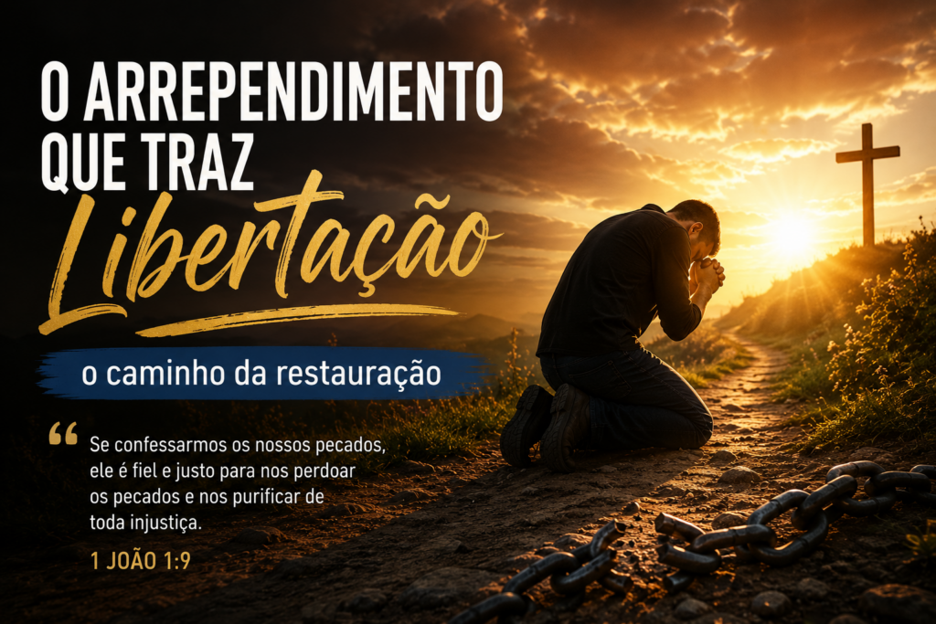O arrependimento que traz libertação e restauração espiritual, com homem em oração, correntes quebradas e cruz ao pôr do sol